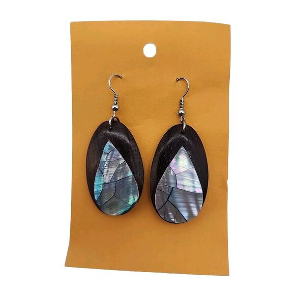 Natural Wood and Seashell Dangle Earrings - Picture 1 of 2